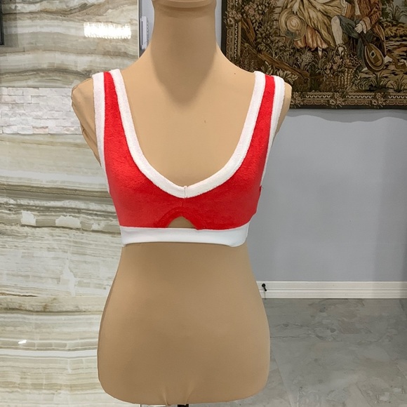 NWT Zara Terry Cloth Red & White‎ 70’s Inspired Crop Top Cut Out V-Neck Size S - Picture 2 of 9